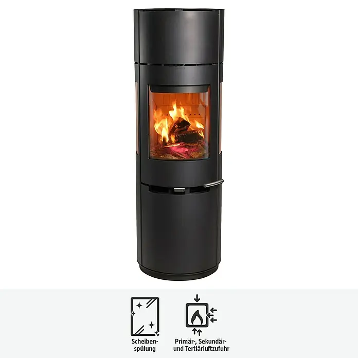 Aduro Kaminofen 9-7 - 8 kW, Raumheizvermögen: 334 m³, Material Verkleidung: Stahl, Schwarz - Elegantes schwarzes Kaminofen-Design mit Glasfenster und brennendem Holz, ideal für gemütliche Wärme.