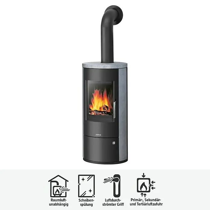 Justus Kaminofen Austin 7 - 7 kW, Raumheizvermögen: 144 m³, Material Verkleidung: Speckstein, Schwarz/Speckstein - Abbildung eines Justus Kaminofens mit Scheibenspülung, luftdurchströmtem Griff und Primär-, Sekundär- und Tertiärluftzufuhr.