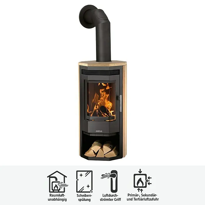 Justus Kaminofen Usedom 5 II - 5,5 kW, Raumheizvermögen: 88 m³, Material Verkleidung: Sandstein, Sandstein/Schwarz - Ein Justus Kaminofen mit Holzfach, klarem Design und modernster Verbrennungstechnik für gemütliche Wärme.