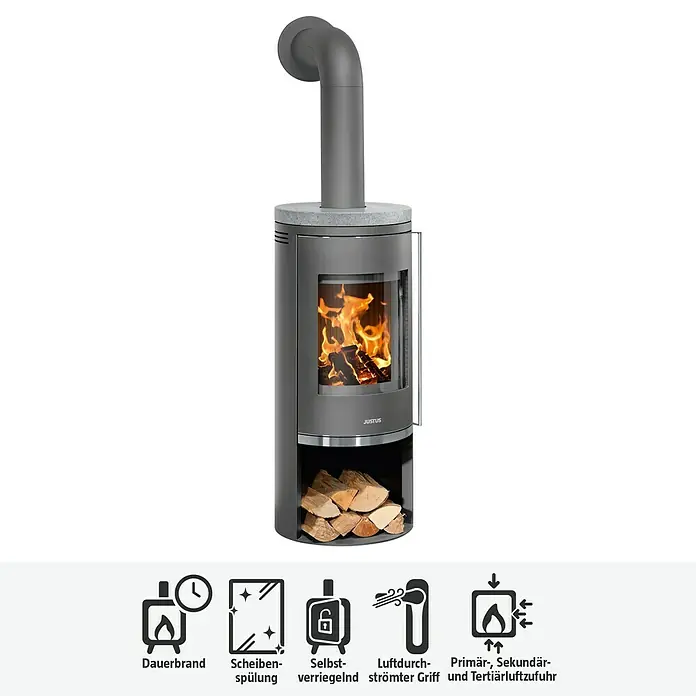 Justus Kaminofen Faro 2.0 - 6 kW, Raumheizvermögen: 115 m³, Verkleidung: Gusseisen/Speckstein, Speckstein - Abbildung eines Justus Kaminofens, grau, mit Holzfach und diversen Symbolen für Funktionen wie Dauerbrand und Luftzufuhr.