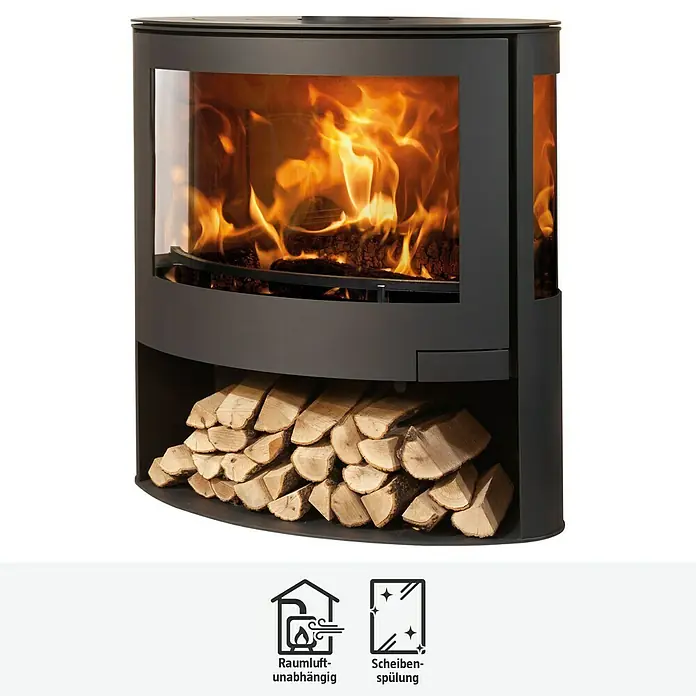 Panadero Kaminofen Iris Eco - 7,8 kW, Raumheizvermögen: 240 m³, Material Verkleidung: Stahl, Schwarz - Elegantes Kaminofen-Design mit Holzfach und loderndem Feuer. Sorgt für Wärme und Atmosphäre in jedem Raum.