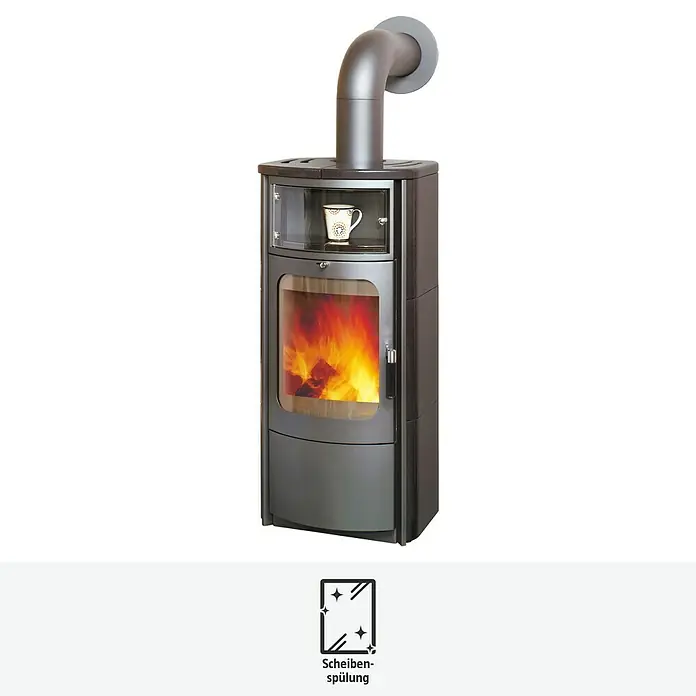 Hark Kaminofen Opera B - 5 kW, Raumheizvermögen: 138 m³, Material Verkleidung: Keramik, Schwarz - Produktbild eines Kaminofens in dunkler Farbe mit eingebautem Glasfenster und Kaminrohr.\n