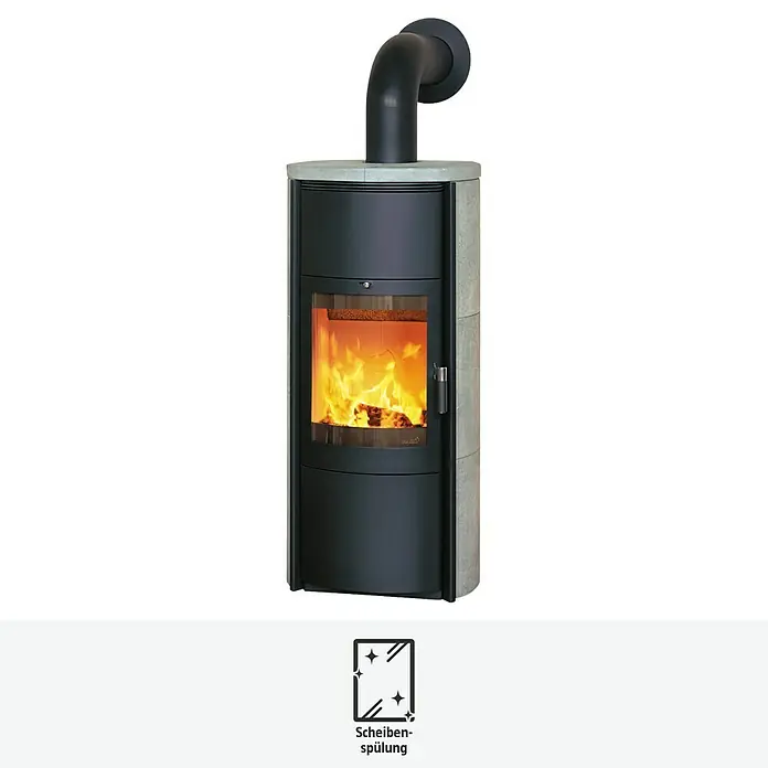 Hark Kaminofen Keno ECOplus - 7 kW, Raumheizvermögen: 193 m³, Material Verkleidung: Stahl, Grau - Abbildung eines Kaminofens mit Glasscheibe und schwarzem Rauchrohr. Der Ofen strahlt Wärme und Gemütlichkeit aus.