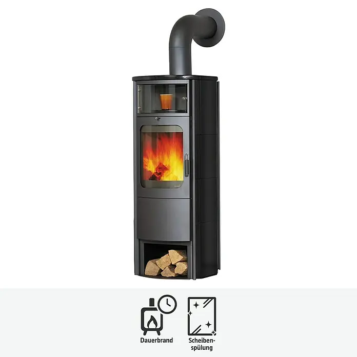 Hark Kaminofen Opera B Grande - 7 kW, Raumheizvermögen: 193 m³, Material Verkleidung: Keramik, Schwarz - Produktansicht eines Kaminofens mit Holzfach und integriertem Glasfach zur Wärmespeicherung. Dauerbrandofen mit Scheibenspülung für klare Sicht.