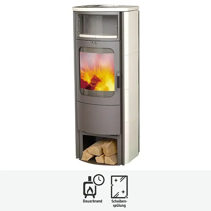 Hark Kaminofen Opera B Grande - 7 kW, Raumheizvermögen: 193 m³, Material Verkleidung: Keramik, Creme/Weiß - Elegantes Kaminofen-Design in Grau und Weiß. Der Ofen verfügt über ein Sichtfenster mit Flammenspiel und Holzfach zur Lagerung.