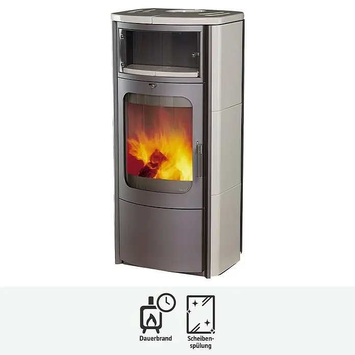 Hark Kaminofen Opera B - 5 kW, Raumheizvermögen: 138 m³, Material Verkleidung: Keramik, Creme/Weiß - Abbildung eines Kaminofens in Grautönen. Der Kaminofen verfügt über eine Glastür und ein separates Fach oben, für ein angenehmes Ambiente.
