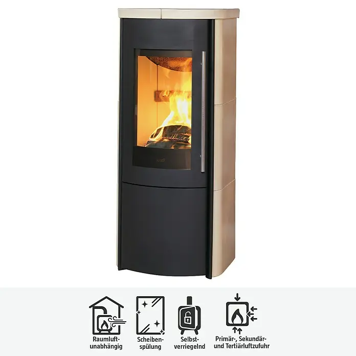 Hark Kaminofen Lova ECOplus - 6 kW, Raumheizvermögen: 165 m³, Material Verkleidung: Keramik, Creme - Bild eines Kaminofens mit Feuer im Inneren, der für Wärme und Gemütlichkeit sorgt. Die Ofenmerkmale sind unten abgebildet.