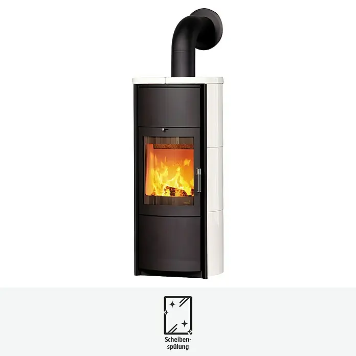 Hark Kaminofen Keno ECOplus - 7 kW, Raumheizvermögen: 193 m³, Material Verkleidung: Keramik, Creme/Weiß - Bild eines Kaminofens mit schwarzem Korpus und weißer Verkleidung, mit einer Glasscheibe, durch die das Feuer sichtbar ist.