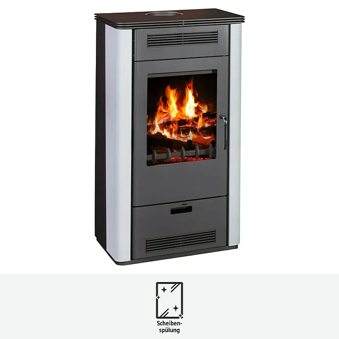 Firefix Kaminofen-Set Etna - 7 kW, Raumheizvermögen: 140 m³, Material Verkleidung: Stahl, Anthrazit/Weiß - Abbildung eines Kaminofens mit Holzfeuer und weißen Seitenwänden für gemütliche Wärme.