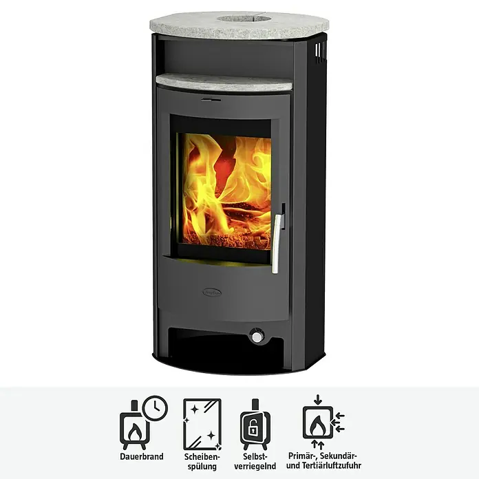 Fireplace Kaminofen Burma - 6 kW, Raumheizvermögen: 108 m³, Material Verkleidung: Speckstein, Schwarz - Kaminofen mit Sichtfenster und Verbrennung. Ideal für gemütliche Wärme.