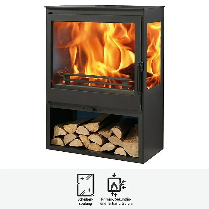 Panadero Kaminofen Diamant 3V Eco - 7,1 kW, Raumheizvermögen: 220 m³, Material Verkleidung: Stahl, Schwarz - Kaminofen mit Holzfach und brennendem Feuer, Frontansicht. Das Produkt ist schwarz und hat eine Glasfront.