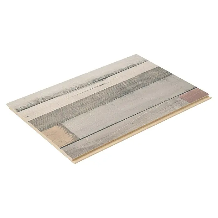 Egger Laminatmuster NatureSense - 297 x 193 x 7 mm, Schiffsboden, Dimas Wood bunt - Nahaufnahme einer hellen, mehrfarbigen Holzdiele mit gut sichtbarer Maserung, die eine natürliche und warme Atmosphäre ausstrahlt.