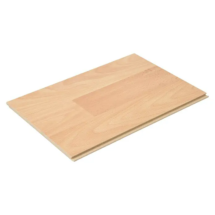 Egger Laminatmuster NatureSense - 297 x 193 x 7 mm, Schiffsboden, Buche SB rustikal - Nahaufnahme einer einzelnen hellbraunen Holzbodenfliese mit Nut- und Feder-System.