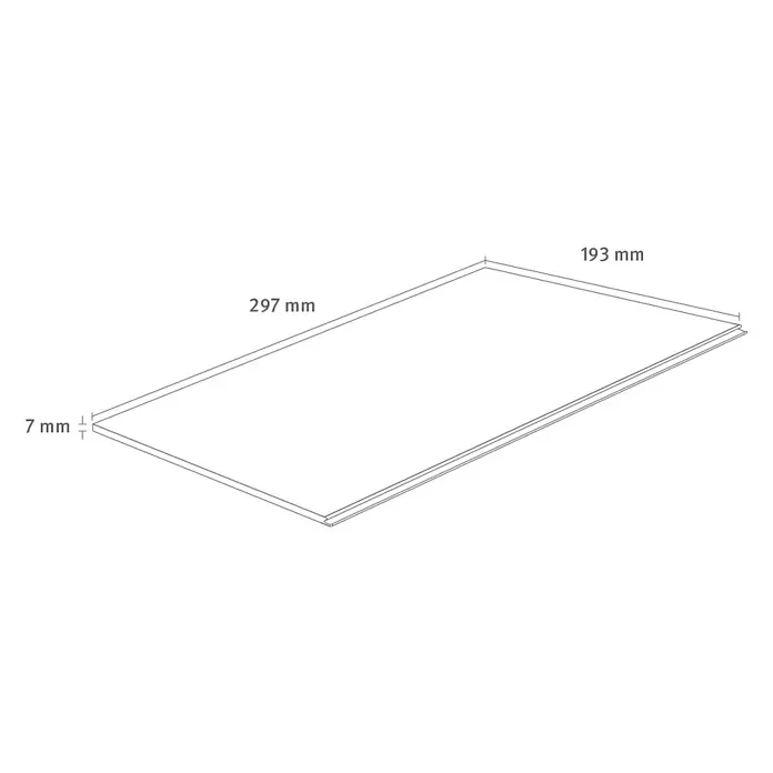 Egger Laminatmuster Wildeiche - 297 x 193 x 7 mm, Landhausdiele - Produktabbildung mit Maßen: 297 mm Länge, 193 mm Breite und 7 mm Dicke, dargestellt als technische Zeichnung.