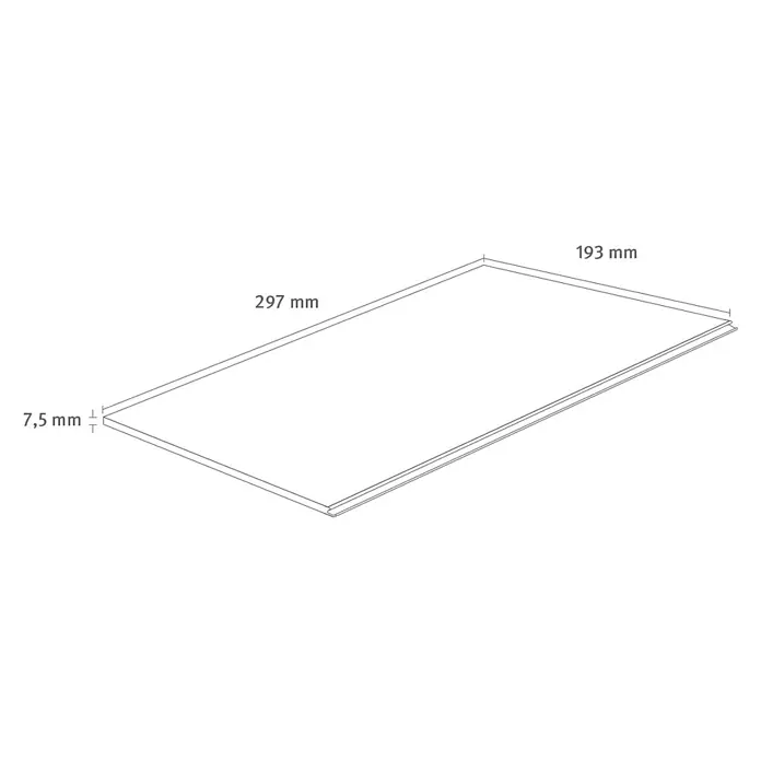 Egger Laminatmuster Aquadura - 297 x 193 x 7,5 mm, Landhausdiele, Camden Eiche weiss - Illustration einer rechteckigen Platte mit den Maßen 297 mm x 193 mm x 7,5 mm. Dargestellt in einer schrägen isometrischen Ansicht.