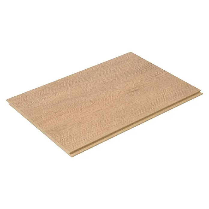 Egger Laminatmuster Wildeiche - 297 x 193 x 7 mm, Landhausdiele - Nahaufnahme einer einzelnen hellbraunen Laminatdiele mit Holzmaserung und Nut-und-Feder-System für einfache Verlegung.
