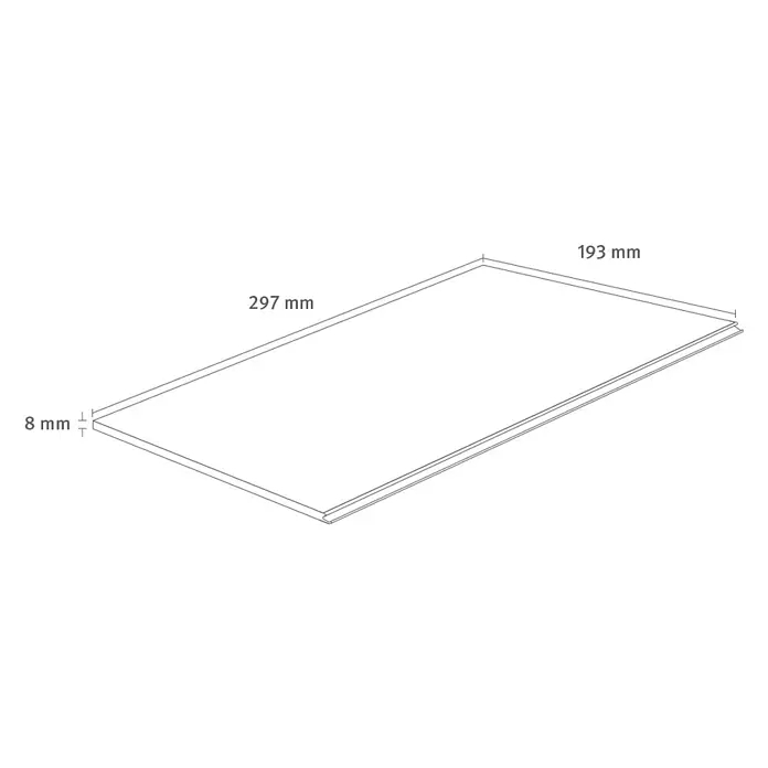 Egger Laminatmuster NatureSense - 297 x 193 x 8 mm, Landhausdiele, Conway Eiche - Darstellung einer rechteckigen Platte mit den Maßen 297 mm x 193 mm und einer Dicke von 8 mm. Die Platte wird in einer perspektivischen Ansicht gezeigt.