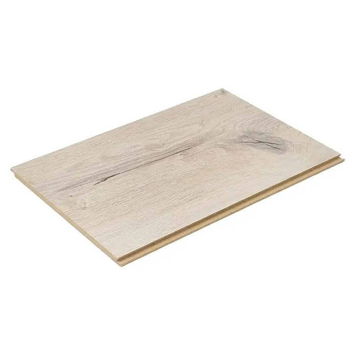 Egger Laminatmuster NatureSense - 297 x 193 x 8 mm, Landhausdiele, Murom Eiche - Ein einzelnes Laminatpaneel mit hellem Holzmaserungsmuster, das die Textur und das Design des Produkts hervorhebt.