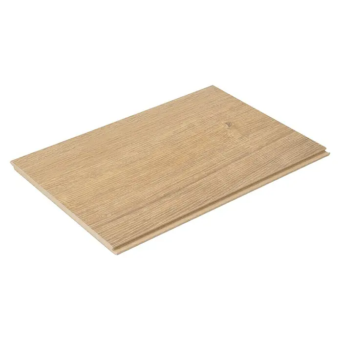 Egger Laminatmuster NatureSense Aqua - 297 x 193 x 8 mm, Landhausdiele, Sherman Eiche honig - Detailaufnahme eines Paneels aus hellem Holz mit Maserung, ideal für Wand- oder Deckengestaltung, das eine warme und natürliche Atmosphäre schafft.