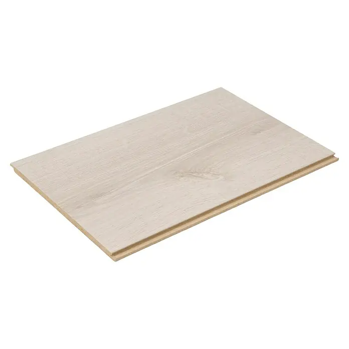 Egger Laminatmuster NatureSense - 297 x 193 x 8 mm, Landhausdiele, Elton Eiche weiss - Detailaufnahme einer einzelnen hellen Holzdiele. Ideal für moderne Bodenbeläge und Inneneinrichtung.