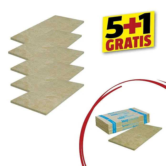 Knauf Insulation Dämmplatte Trittschall TPE -  - Produktabbildung von Knauf Dämmstoffplatten mit Aktionsangebot "5+1 GRATIS" für effektive Isolierung.