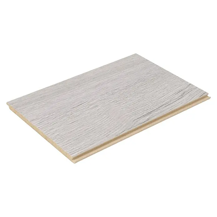 Egger Laminatmuster NatureSense Aqua - 297 x 193 x 10 mm, Landhausdiele, Elva Eiche grau - Das Bild zeigt eine einzelne Laminatdiele in einem hellen Holzton. Die Diele hat eine fühlbare Holzstruktur und eine abgerundete Kante.
