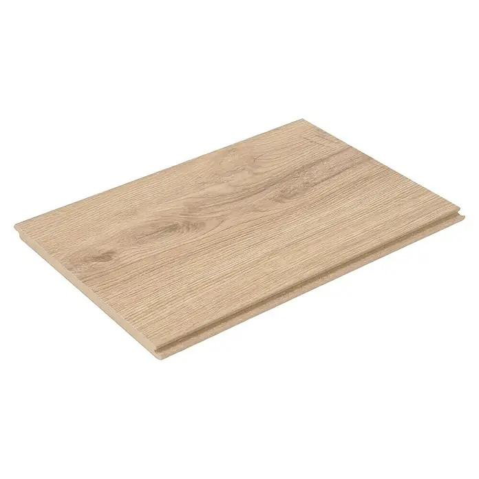 Egger Laminatmuster NatureSense Aqua - 297 x 193 x 10 mm, Landhausdiele, Sherman Eiche hellbraun - Nahaufnahme eines einzelnen Laminatpaneels mit hellbrauner Holzmaserung und Nut- und Federverbindung.