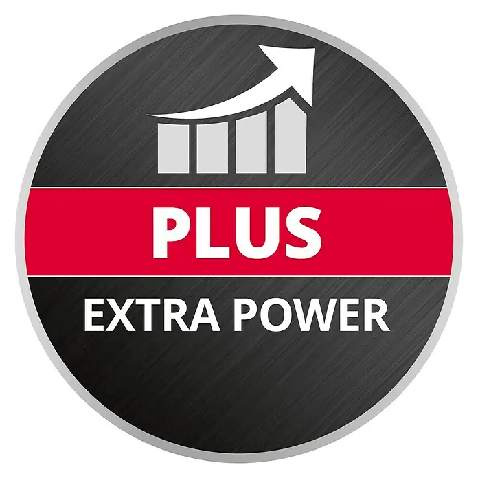 Einhell PXC 18V Batería - 18 V, 3 Ah - La imagen muestra un logotipo redondo con un gráfico que representa el crecimiento con el texto "PLUS EXTRA POWER" sobre un fondo oscuro texturizado.