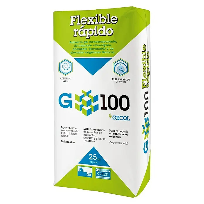 Gecol Cemento cola Gel Flexible Rápido Gris - 25 kg - Paquete de adhesivo flexible rápido G100 de Gecol, ideal para pavimentos rápidos y muy transitados, 25 kg.