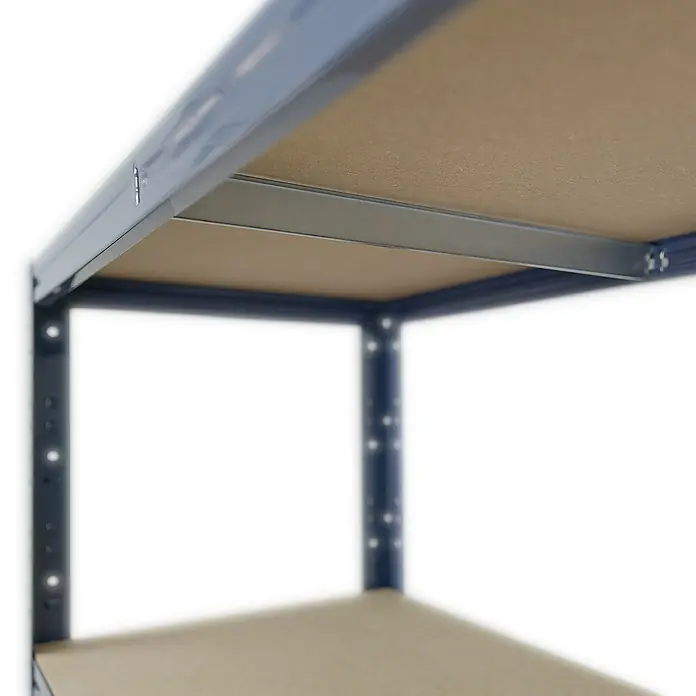 shelfplaza Schwerlastregal HOME - H x B x T: 100 x 45 x 50 cm, Traglast pro Boden: 175 kg, Stecken, blau - Detailansicht eines robusten Schwerlastregals mit Metallrahmen und Regalböden aus Holz für Lagerung und Organisation.