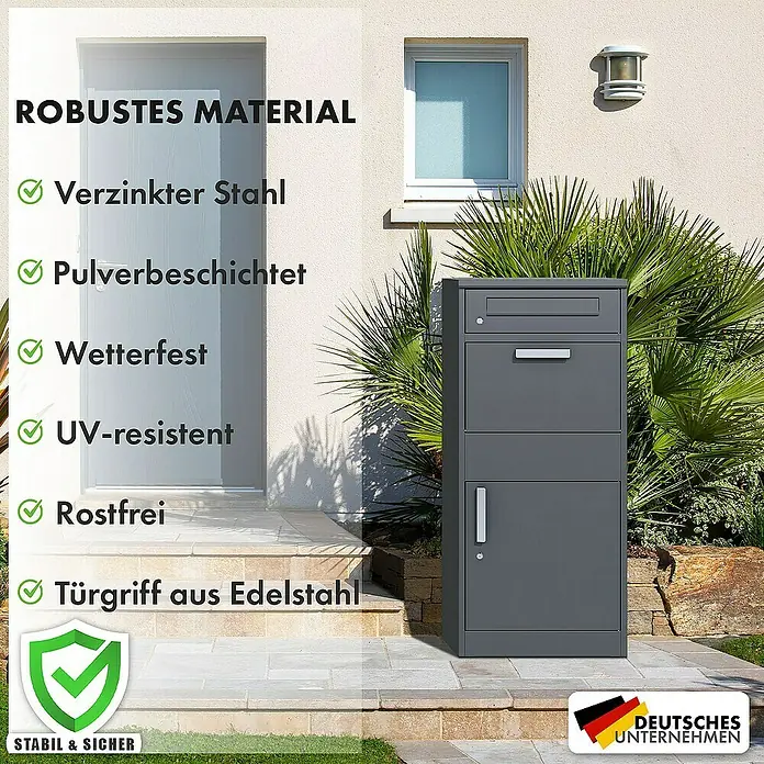 Floordirekt Paketbox Francois mit Briefkasten - L x B x H: 38,2 x 50,2 x 120 cm, Anthrazit, Stahl, Paketfach - Bild einer grauen Briefkastenanlage mit den Hinweisen zu den robusten Materialien und der Stabilität.