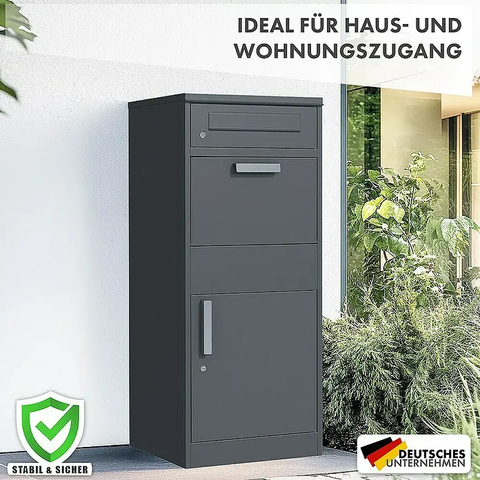 Floordirekt Paketbox Francois mit Briefkasten - L x B x H: 38,2 x 50,2 x 120 cm, Anthrazit, Stahl, Paketfach - Bild eines grauen Paketbriefkastens für den Außenbereich, ideal für Haus- und Wohnungszugang.