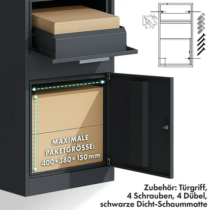 Floordirekt Paketbox Francois mit Briefkasten - L x B x H: 38,2 x 50,2 x 120 cm, Anthrazit, Stahl, Paketfach - Abbildung eines schwarzen Paketkastens mit geöffneter Tür und einer Illustration der Montage.
