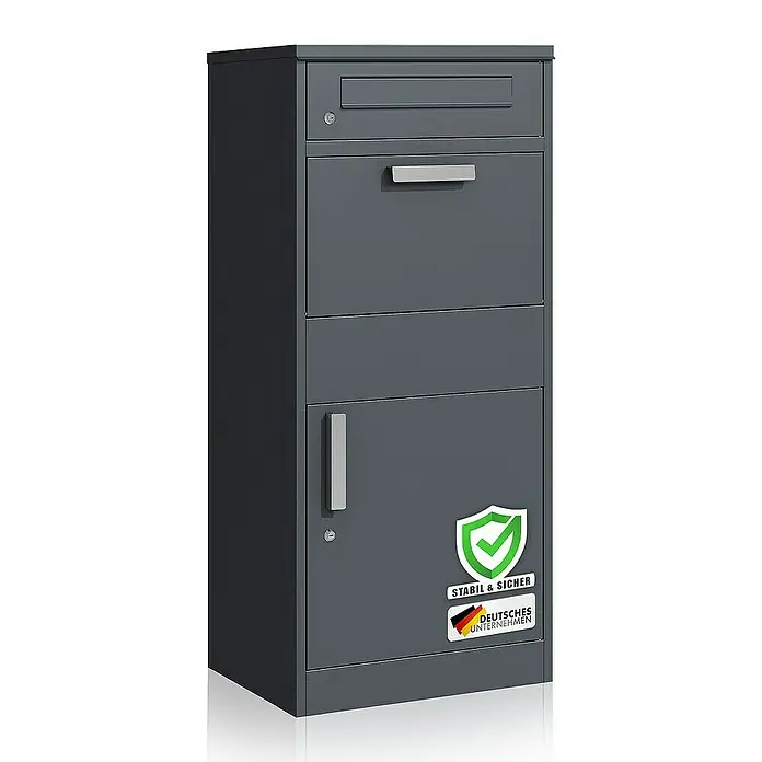 Floordirekt Paketbox Francois mit Briefkasten - L x B x H: 38,2 x 50,2 x 120 cm, Anthrazit, Stahl, Paketfach - Stilvoller, grauer Briefkasten mit geräumigem Zeitungsfach und sicherem Schloss, ideal für den täglichen Gebrauch.