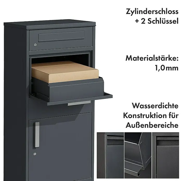 Floordirekt Paketbox Francois mit Briefkasten - L x B x H: 38,2 x 50,2 x 120 cm, Anthrazit, Stahl, Paketfach - Produktansicht: Moderner, anthrazitfarbener Paketbriefkasten mit Zylinderschloss und wasserdichter Konstruktion für den Außenbereich.