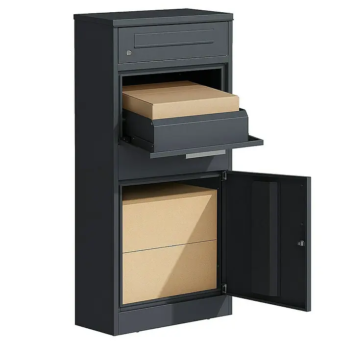Floordirekt Paketbox Francois mit Briefkasten - L x B x H: 38,2 x 50,2 x 120 cm, Anthrazit, Stahl, Paketfach - Bild eines grauen Paketbriefkastens mit mehreren Fächern, in denen Pakete unterschiedlicher Größe aufbewahrt werden können.