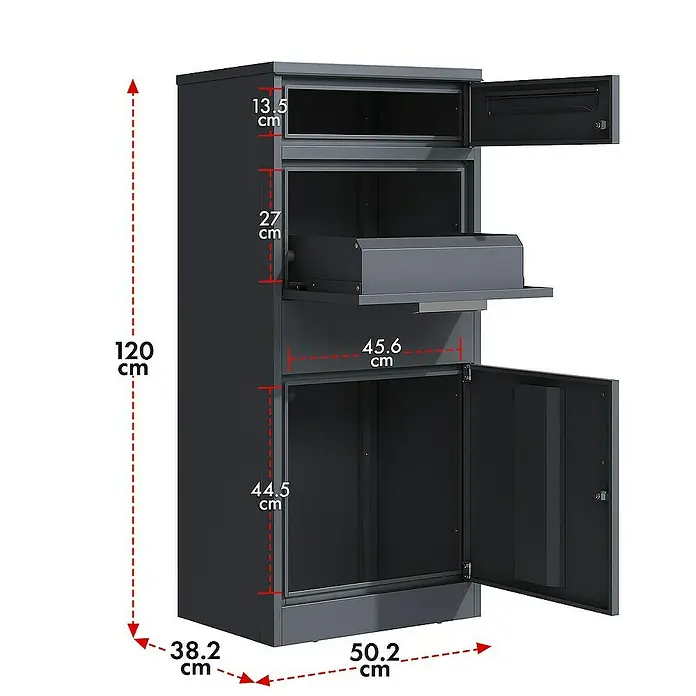 Floordirekt Paketbox Francois mit Briefkasten - L x B x H: 38,2 x 50,2 x 120 cm, Anthrazit, Stahl, Paketfach - Bild eines grauen Briefkasten-Ständers mit Fächern und Maßangaben.