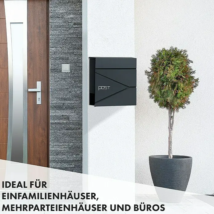 Floordirekt Wandbriefkasten Armand mit Zeitungsfach und C4-Einwurfklappe - Anthrazit, Stahl, Zeitungsfach - Elegante graue Briefkastenanlage mit modernem Design und Pflanze daneben, ideal für Einfamilienhäuser und Büros.