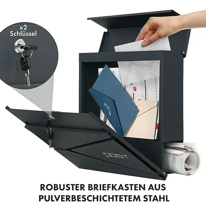 Floordirekt Wandbriefkasten Armand mit Zeitungsfach und C4-Einwurfklappe - Anthrazit, Stahl, Zeitungsfach - Moderner, anthrazitfarbener Briefkasten aus pulverbeschichtetem Stahl mit Zeitungsfach und zwei Schlüsseln für mehr Sicherheit.