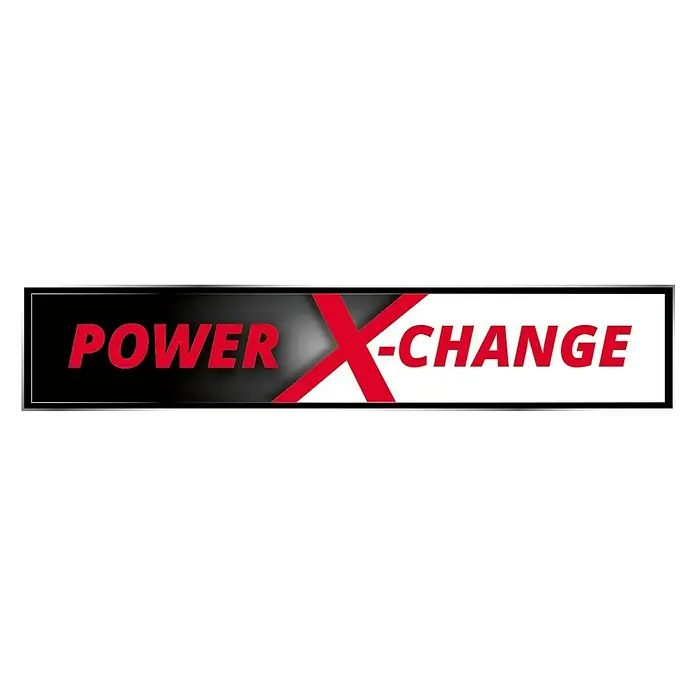 Einhell PXC 18V Cortacésped de batería GE-CM36/33 - 18 V, 2 baterías, 2,5 Ah, Ancho de corte: 33 cm - Logo de 'POWER X-CHANGE' con una 'X' roja que conecta 'POWER' sobre fondo negro y '-CHANGE' sobre fondo blanco.