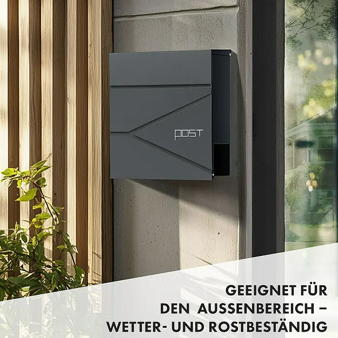 Floordirekt Wandbriefkasten Armand mit Zeitungsfach und C4-Einwurfklappe - Anthrazit, Stahl, Zeitungsfach - Moderner grauer Briefkasten mit geometrischem Design und dem Wort "POST", wetter- und rostbeständig für den Außenbereich.