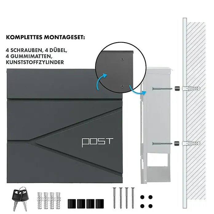 Floordirekt Wandbriefkasten Armand mit Zeitungsfach und C4-Einwurfklappe - Anthrazit, Stahl, Zeitungsfach - Abbildung eines modernen Briefkastens mit Montagezubehör, inklusive Schrauben, Dübeln, Gummimatten und Zylindern für die Installation.