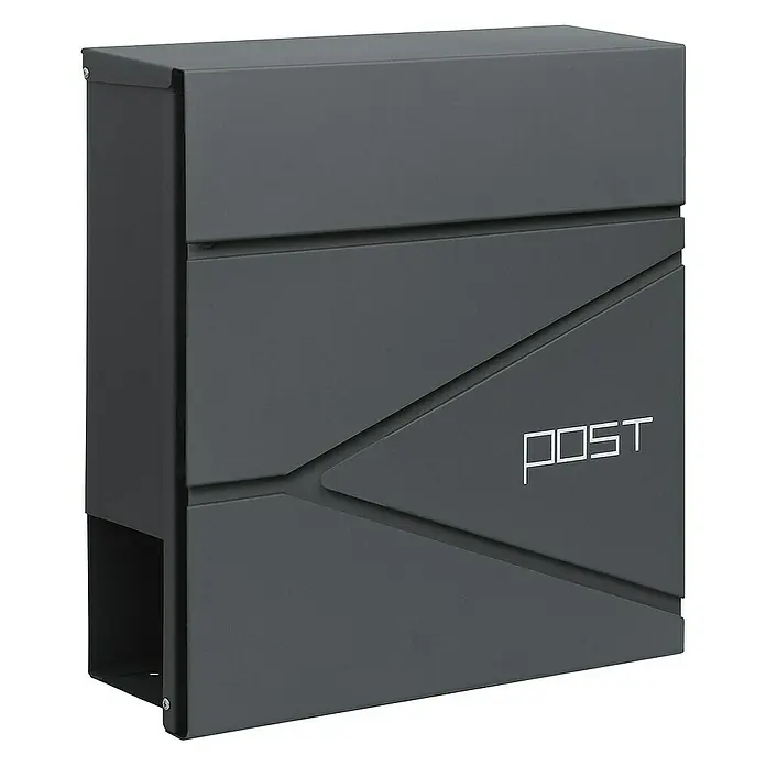 Floordirekt Wandbriefkasten Armand mit Zeitungsfach und C4-Einwurfklappe - Anthrazit, Stahl, Zeitungsfach - Moderner, anthrazitfarbener Briefkasten mit schrägem Design und dem Wort "POST" in weißer Schrift. Stilvolles Accessoire für jeden Eingangsbereich.