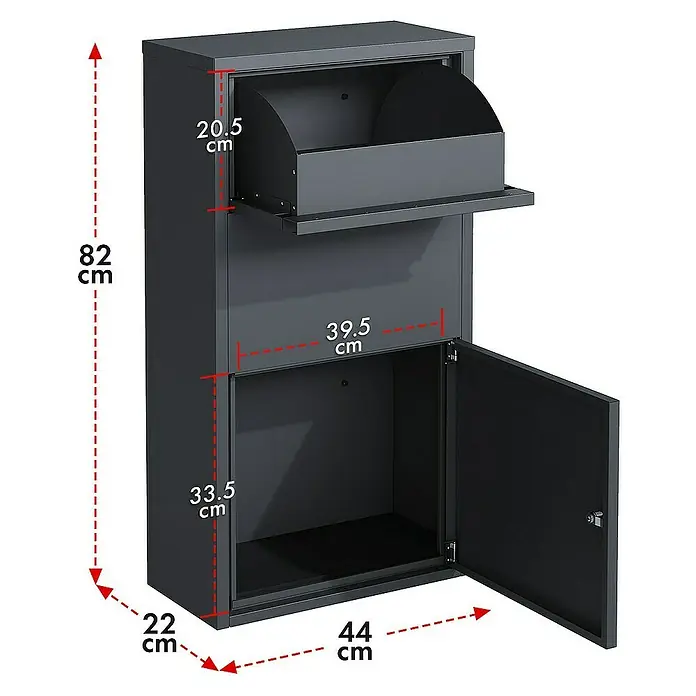 Floordirekt Paketbox Clement mit Klappsystem und Schloss - L x B x H: 22 x 44 x 82 cm, Anthrazit, Stahl, Paketfach - Bild einer grauen Paketbox mit den Maßen 82 x 44 x 22 cm, ideal für die sichere Zustellung von Paketen.