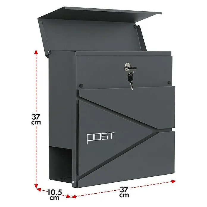 Floordirekt Wandbriefkasten Armand mit Zeitungsfach und C4-Einwurfklappe - Anthrazit, Stahl, Zeitungsfach - Ansicht eines Briefkastens mit Maßen. Der Briefkasten ist grau und hat ein modernes Design mit der Aufschrift "Post".