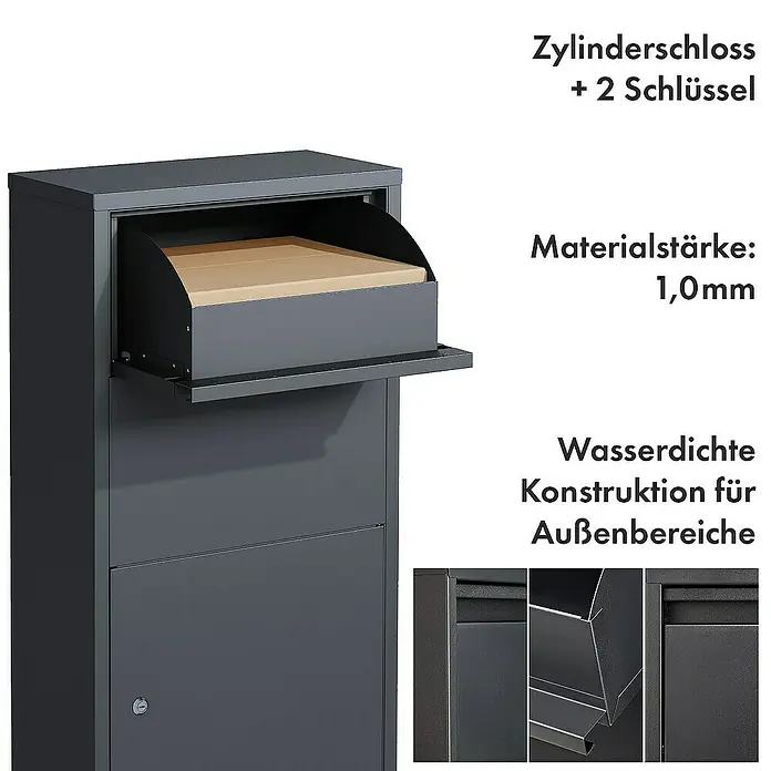 Floordirekt Paketbox Clement mit Klappsystem und Schloss - L x B x H: 22 x 44 x 82 cm, Anthrazit, Stahl, Paketfach - Produktbild eines Paketbriefkastens mit Zylinderschloss und wasserdichter Konstruktion. Materialstärke 1,0 mm.