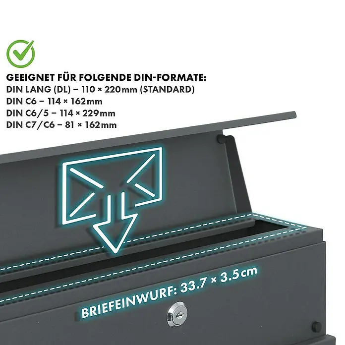 Floordirekt Wandbriefkasten Armand mit Zeitungsfach und C4-Einwurfklappe - Anthrazit, Stahl, Zeitungsfach - Briefkasten geeignet für DIN-Formate mit Einwurfschlitz 33,7 x 3,5 cm und Brief-Symbol für optimale Postzustellung.