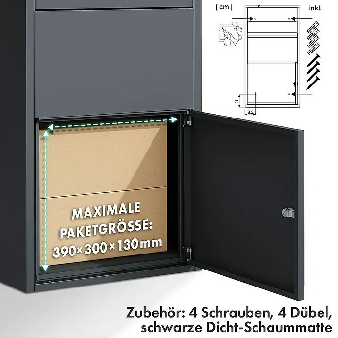 Floordirekt Paketbox Clement mit Klappsystem und Schloss - L x B x H: 22 x 44 x 82 cm, Anthrazit, Stahl, Paketfach - Abbildung eines Paketkastens mit maximaler Paketgröße und Zubehör wie Schrauben und Dübel.