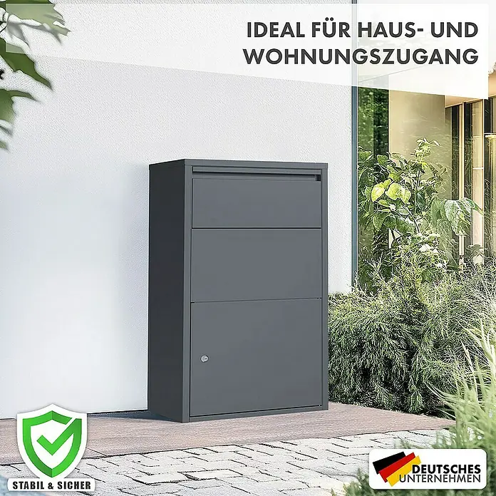 Floordirekt Paketbox Clement mit Klappsystem und Schloss - L x B x H: 22 x 44 x 82 cm, Anthrazit, Stahl, Paketfach - Bild einer grauen Briefkastenanlage für Haus- und Wohnungszugang, die Stabilität und Sicherheit bietet und von einem deutschen Unternehmen hergestellt wird.