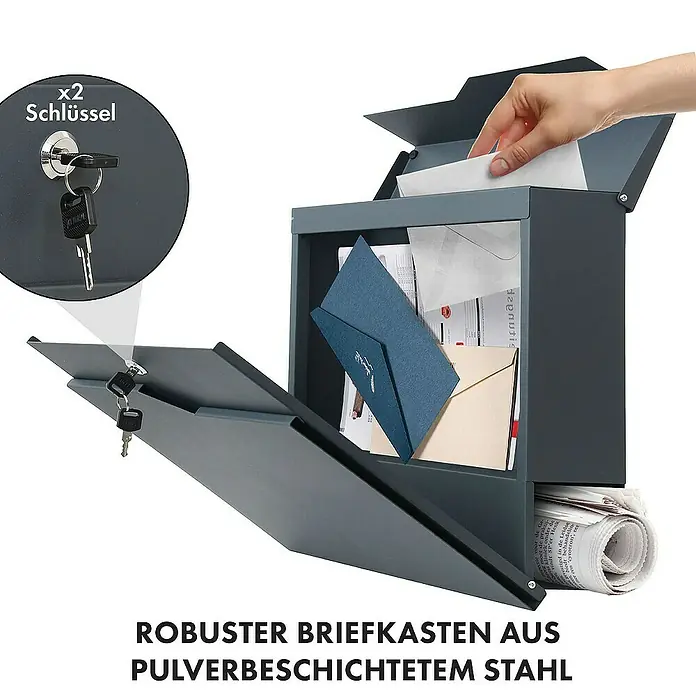 Floordirekt Wandbriefkasten Jean mit Zeitungsfach und großer Einwurfklappe - Anthrazit, Stahl, Zeitungsfach - Grauer Briefkasten aus pulverbeschichtetem Stahl mit Zeitungsfach und Briefen. Zwei Schlüssel inklusive.